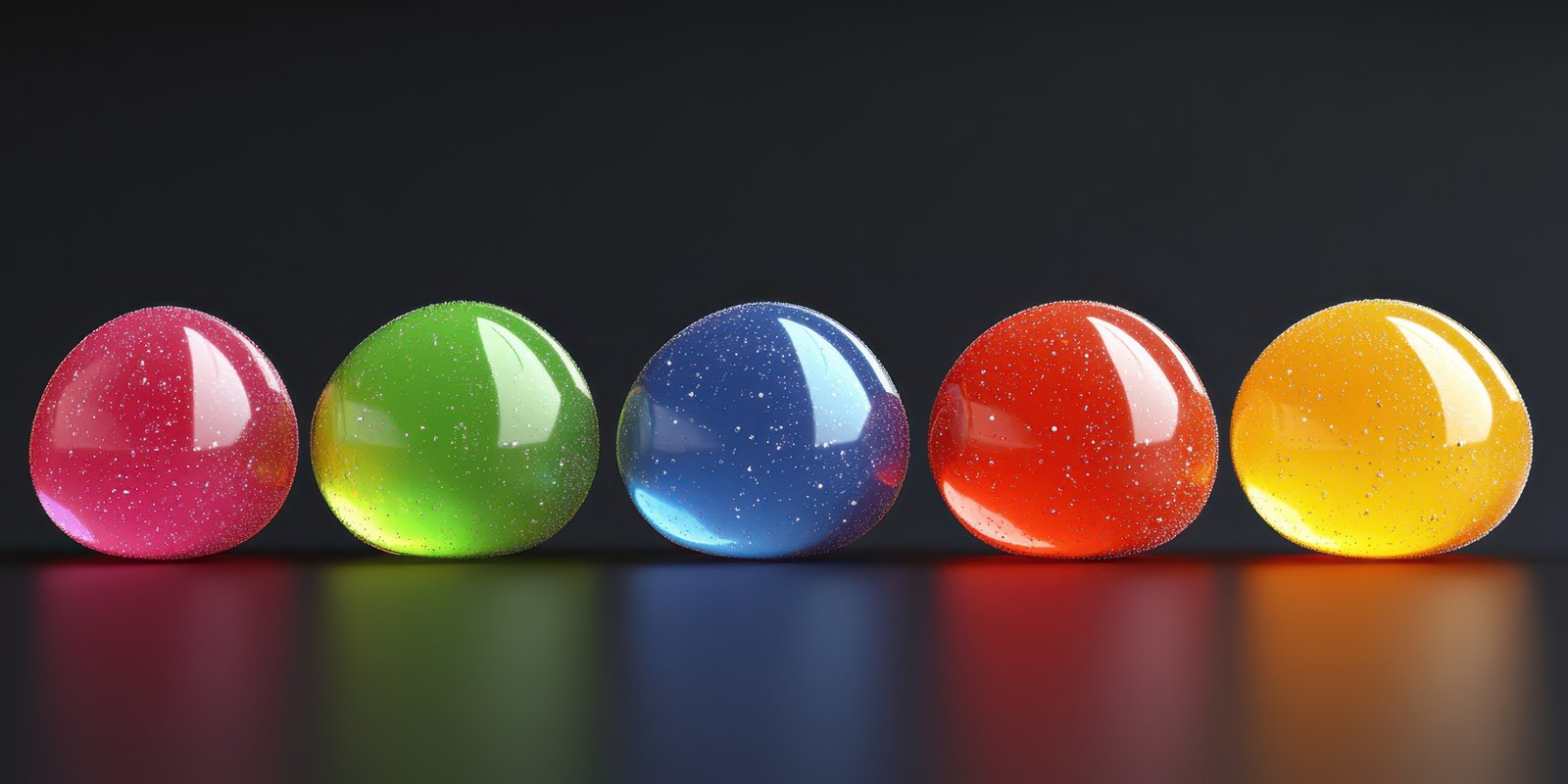 Colorful glass orbs arranged in a line with reflective surface and dark background highlighting their vibrant hues